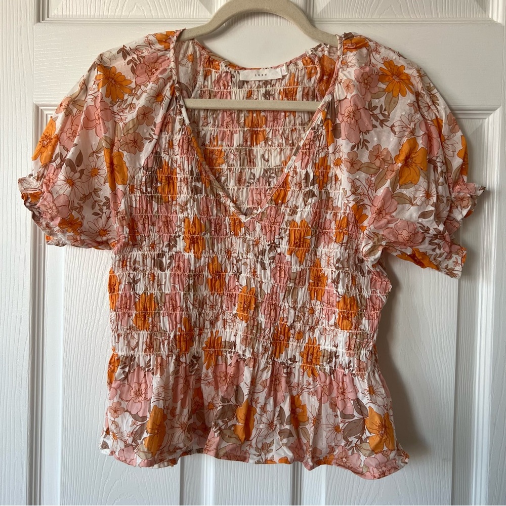 Lush Floral Smocked Blouse - Pink and Orange